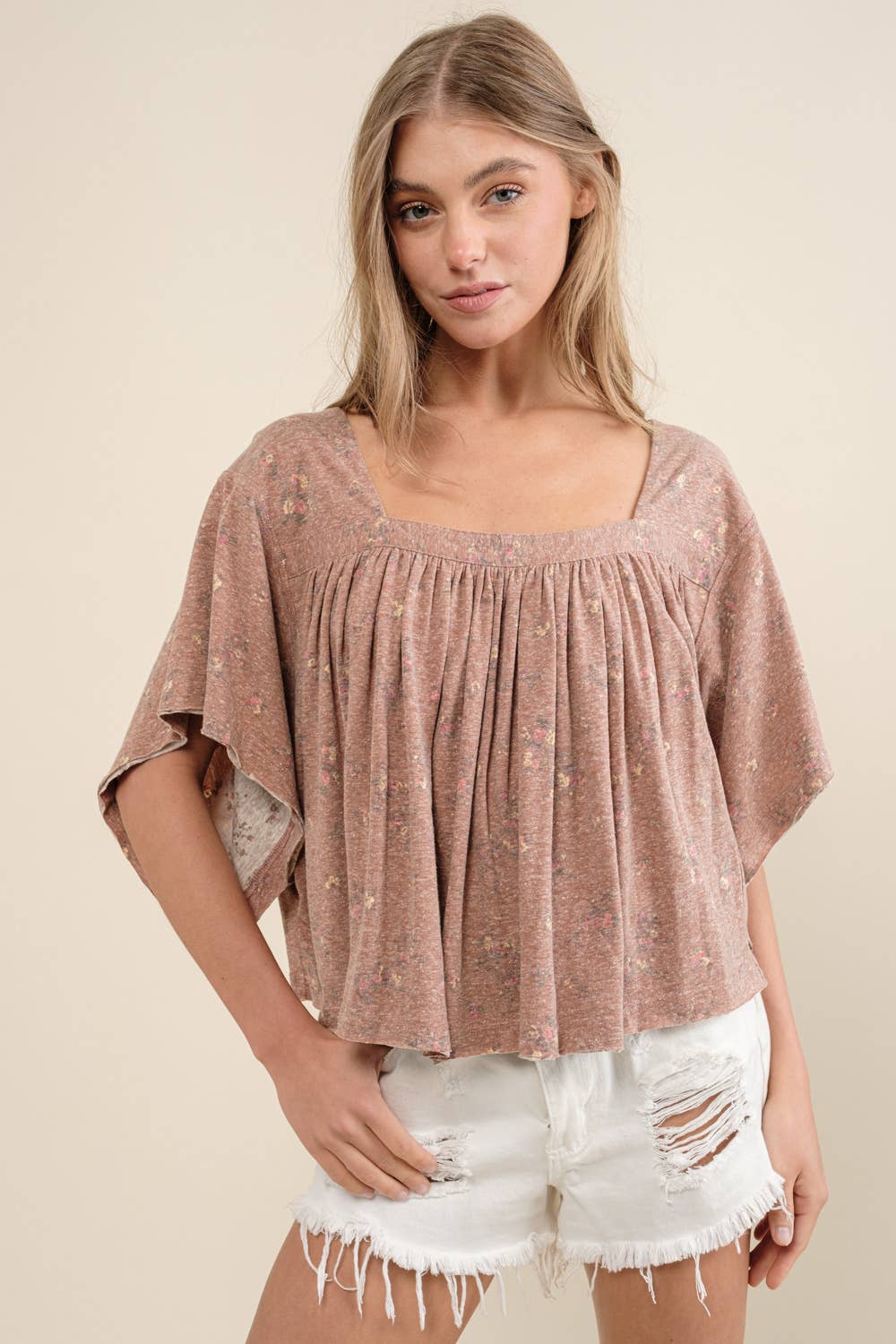 LIGHT OLIVE 22105T - Garment Washed Shirred Crop Jersey Knit Top for wholesale on Faire10