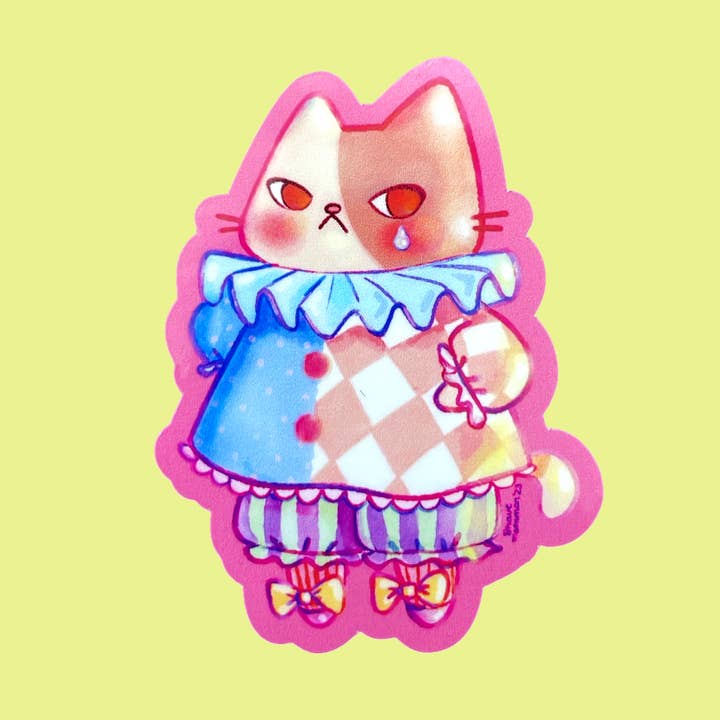 Sad Clown Cat Vinyl Sticker for wholesale by Brave Moonman