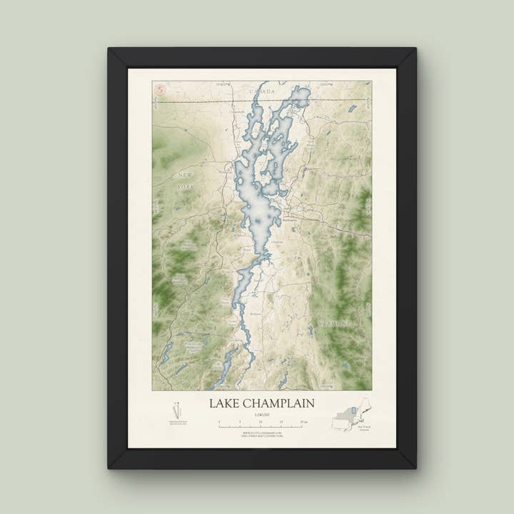 Lake Champlain Vermont Map Art Print VINTAGE Style for wholesale by Scott Lussier Maps
