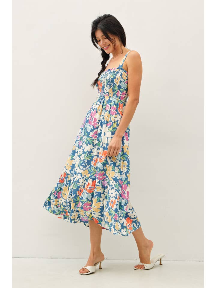 Be Cool - Wholesale Dress - Women's - FLORAL PRINTED MIDI DRESS W/ SMOCKED BODICE