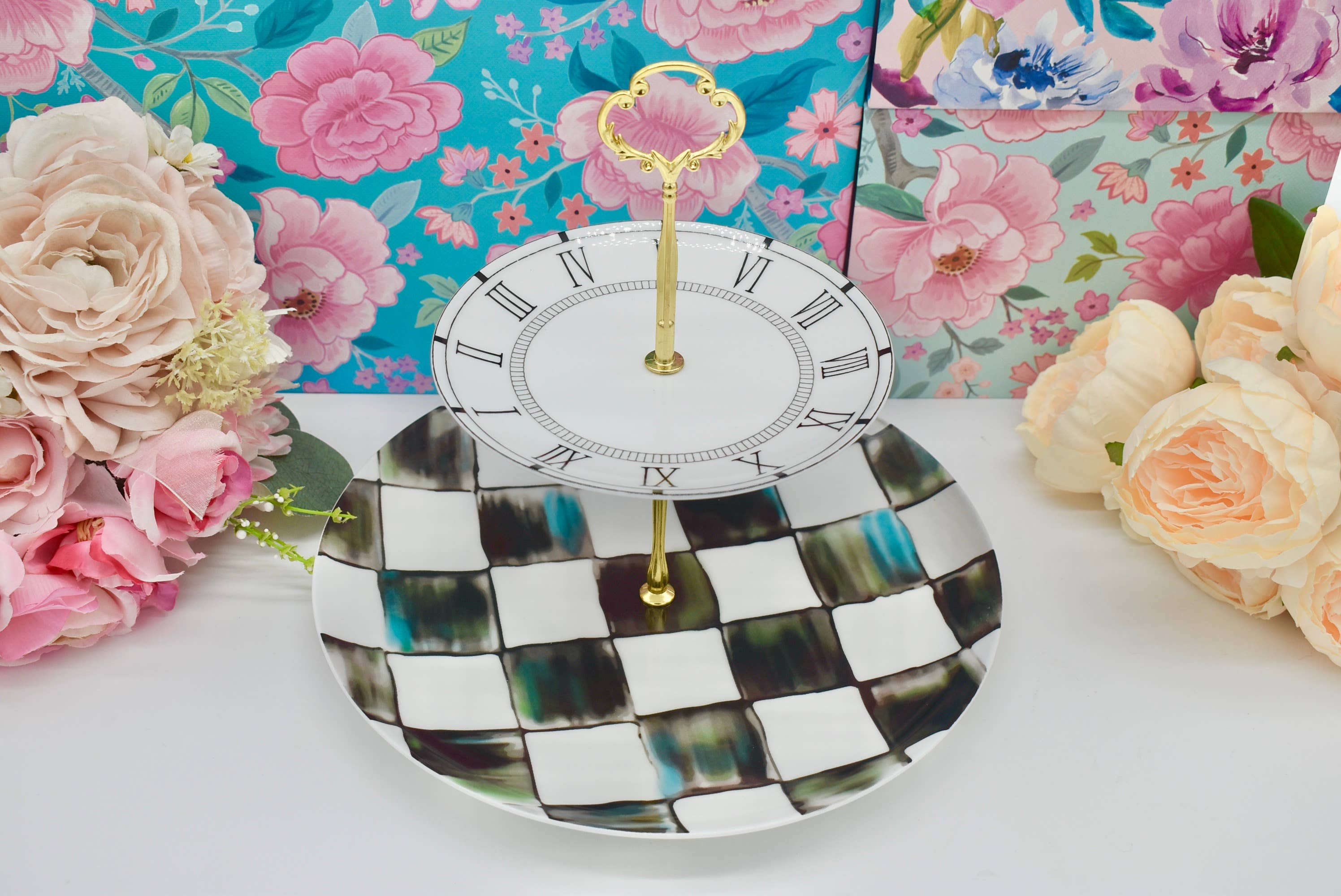 All Little Cute Things - Wholesale Cake Stand - Alice in Wonderland Clock Check Tiered Cake Stand Platter2