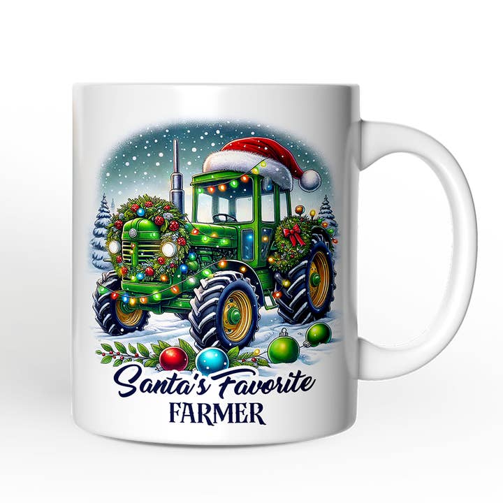 Santa's Favorite Farm, Green Tractor Gift Mug for wholesale by OrnamentallyYou