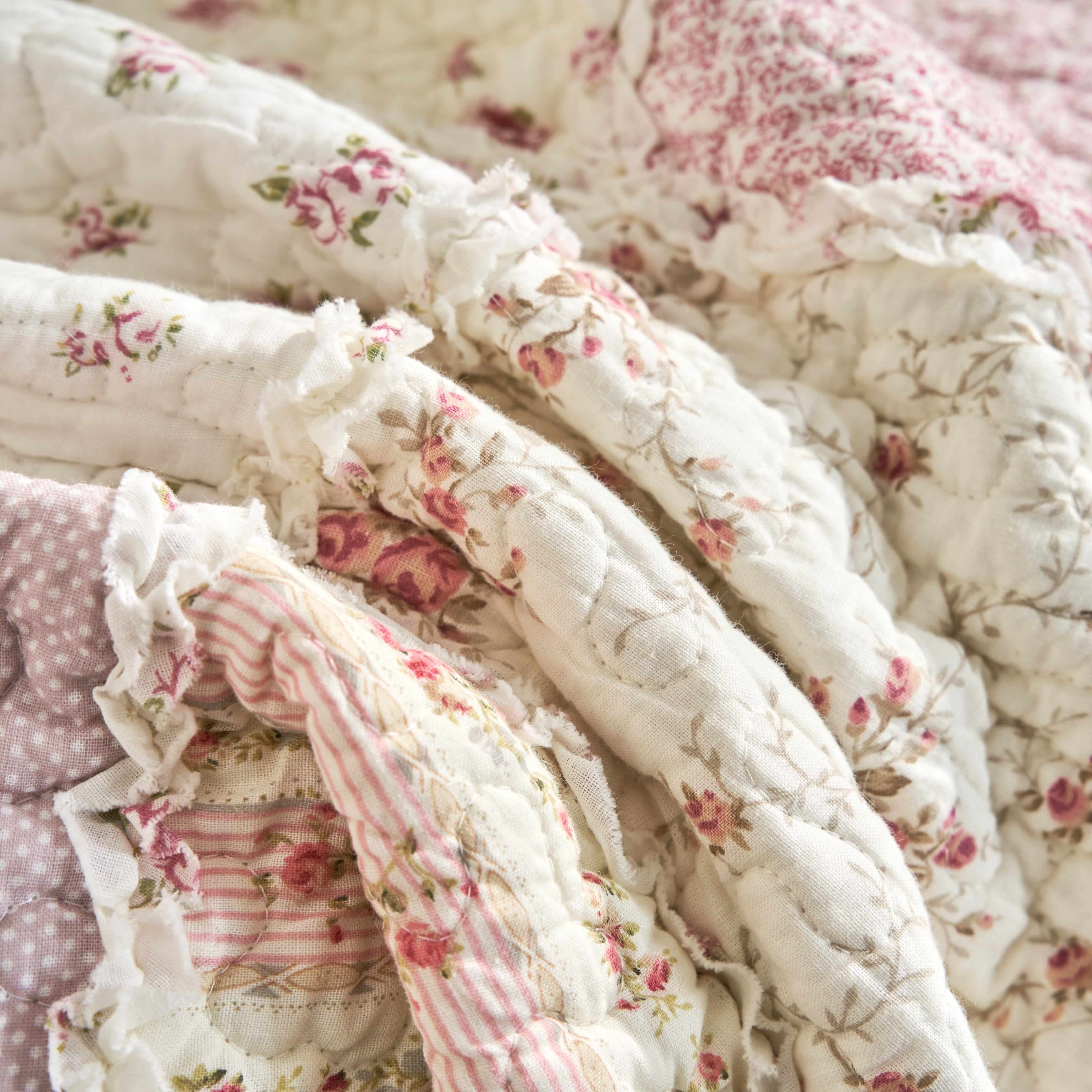 DaDalogy Bedding - Wholesale Throw Blanket - DaDalogy Cotton Patchwork Throw Blanket - Floral Cottage Quilted Reversible Blush Pink & Cream Shabby Chic Botanical Ruffle Design - Vintage Garden Rose Pastel Accents (3031)- 50 x 609