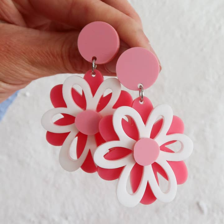 Dahlia Pink / White / Candy Pink Dangle Earrings for wholesale by Pink Nade