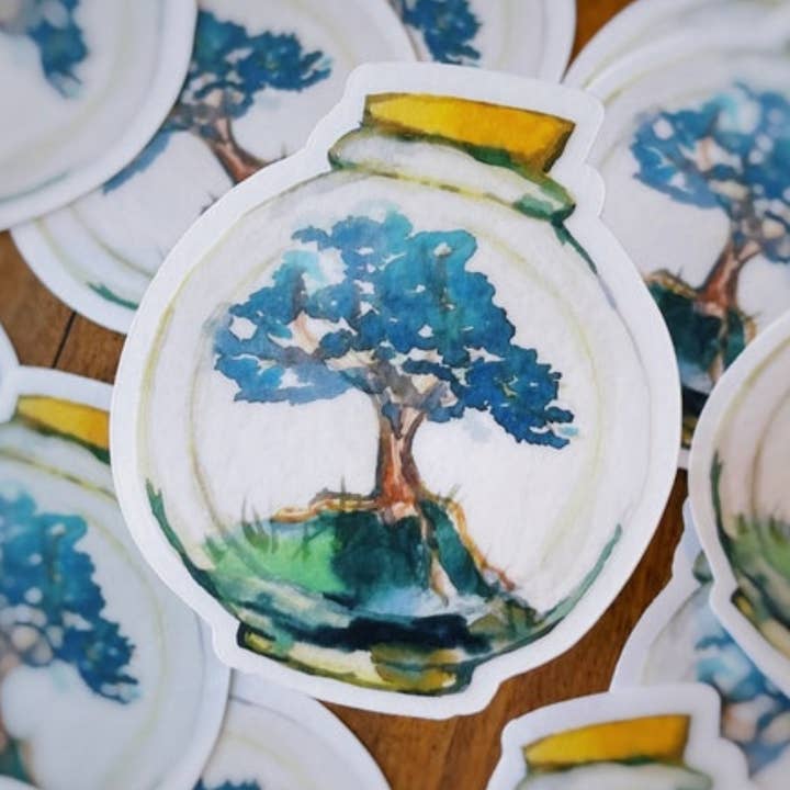 Bonsaiboom in een pot, doorzichtige vinylsticker voor wholesale door Whale and Petunias Art