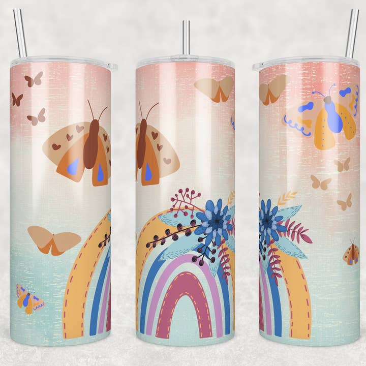 Boho Butterfly Rainbow 20oz Sublimation Tumbler for wholesale by Twisted T Creations