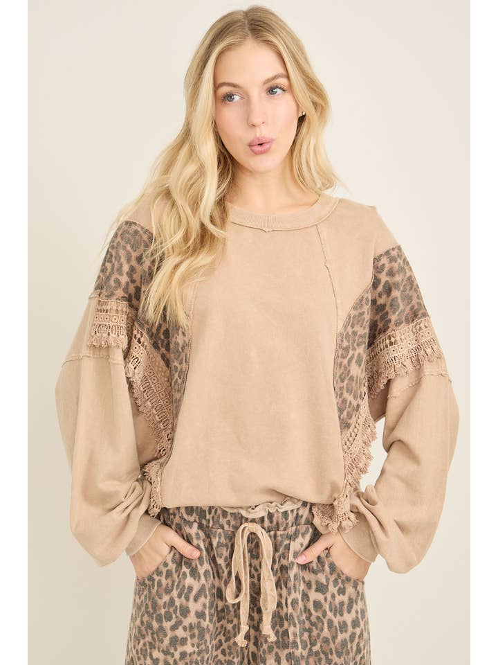 J.Her - Wholesale Blouse - Women's - Mineral Washed Cheetah Leopard Fringe tassel top HT67229