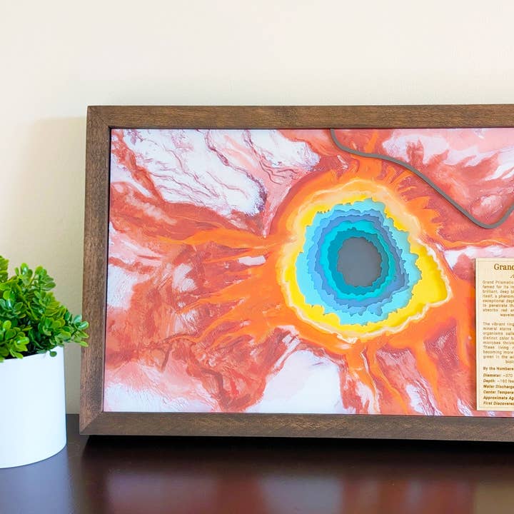 Grand Prismatic Spring 3D Layered Map – Handcrafted Yellowstone Wall Art | Roots & Routes Co. for wholesale by Roots & Routes Co