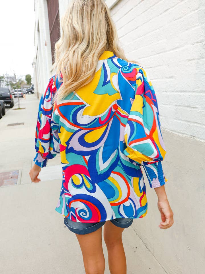 Promenade - Wholesale Button Down Shirt - Women's - Best in Bold Abstract Print Button-Down Smock Sleeve Top (Open Pack)