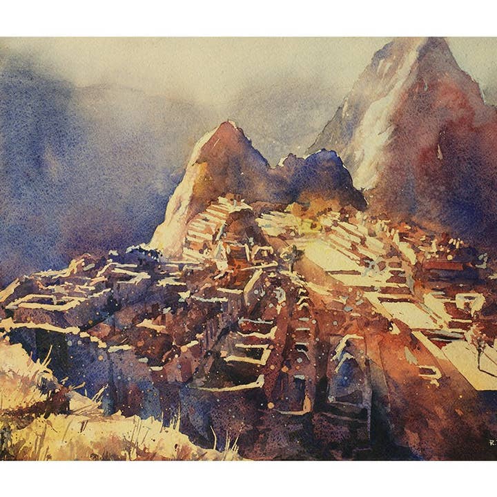 Incan ruins of Machu Picchu at dawn in the Sacred Valley, Peru. Machu Picchu painting. Watercolor painting Machu Picchu. Peru art (print) for wholesale by Ryan Fox Fine Art