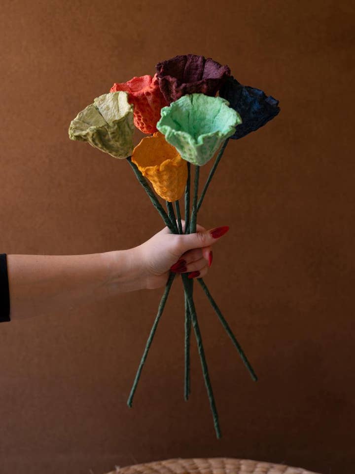 SET OF SIX PAPER MACHE FLOWERS - ONE EACH COLOR for wholesale by Kalalou