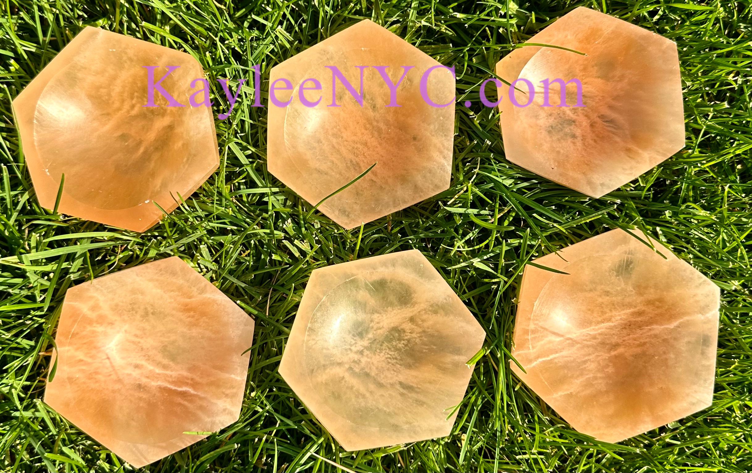 KayleeNYC - Wholesale Spiritual Stone/Crystal - Natural Peach Selenite Satin Spar Hexagon Bowls ~10cm0