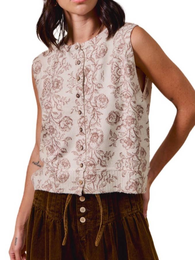 Top Gilet Maglione con Bottoni a Stampa Floreale Bicolore per la vendita all'ingrosso da parte di Vanilla Monkey