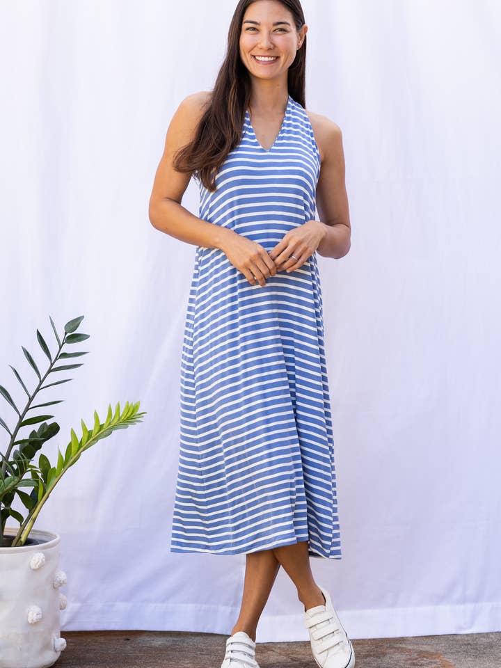 Lissa Twist-Back Midi Dress (Sky Blue Stripe) for wholesale by Ten Tomorrow