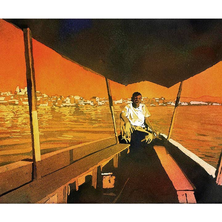 Boatman on Lago San Andres Flores in Guatemala Lake painting Guatemala art watercolor painting boat fine art watercolor landscape (print) for wholesale by Ryan Fox Fine Art