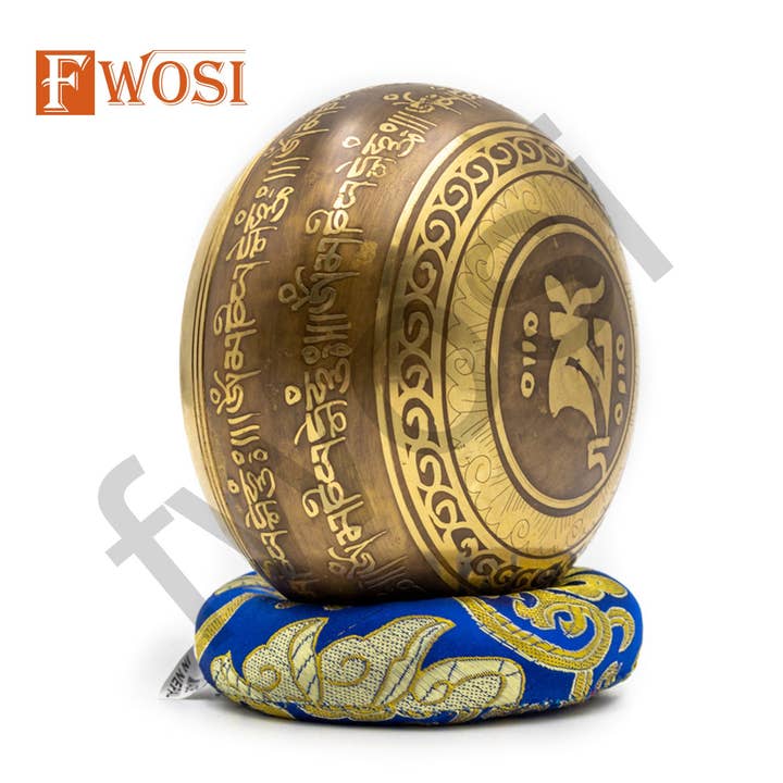 Fwosi - Wholesale Meditation Supplies - Himalayan Tibetan Singing Bowl | Kalash Carving Sound Bowl Meditation Set Mallet & Cushion | Chakra Healing Bowl | Self-Care Gift6