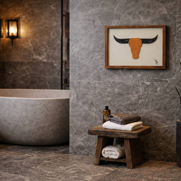 Ember & Elm Home Decor & More - Wholesale Art Print - Turquoise Longhorn Wall Art | Cowhide Face & Rustic Frame1