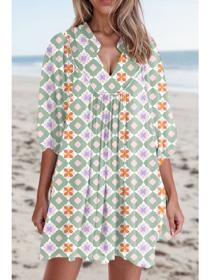 As shown Geometric Floral Print Notched Neck Mini Dress | S-XL for wholesale on Faire