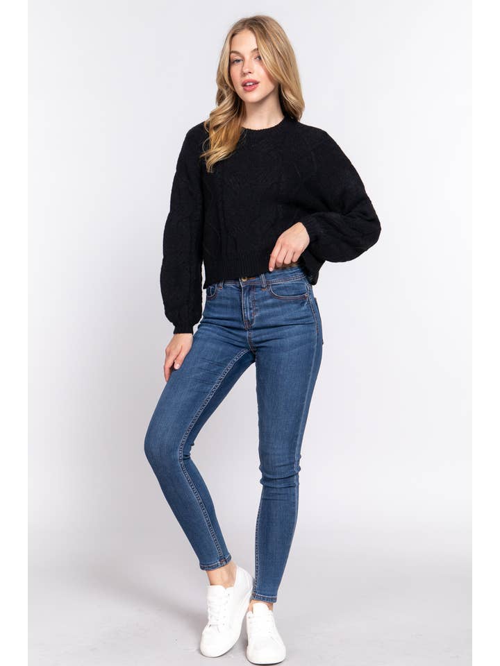 Active Basic | Active USA - Wholesale Knit Sweater - Women's - Long Sleeve Crew Neck Cable Detail Sweater