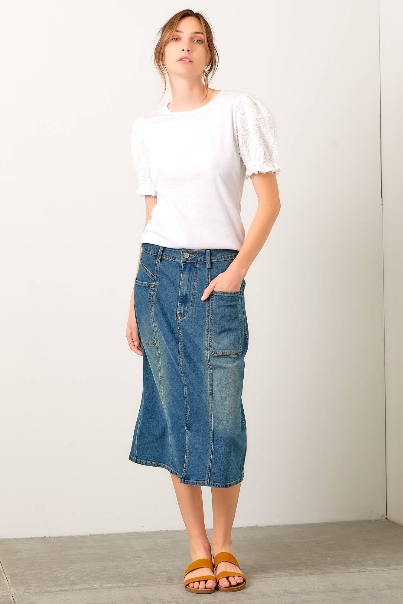 Polagram by Wellmade USA - Wholesale Skirt - Women's - DENIM MAXI SKIRT WITH BACK SLIT DETAIL2