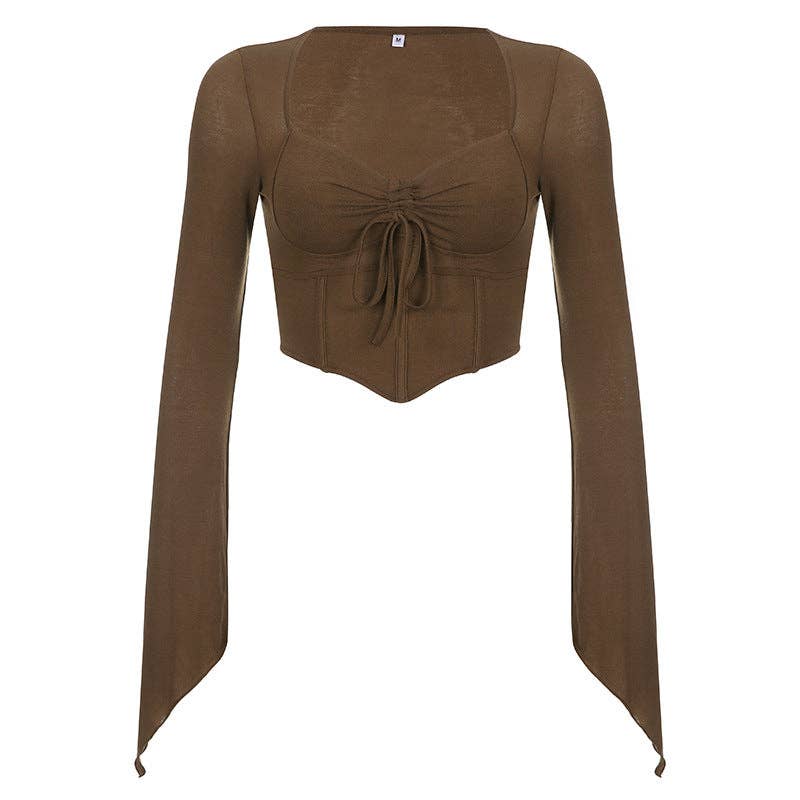 Brown Sexy Square Collar off Shoulder Sexy Pleating Irregular Asymmetric Flare Sleeve T shirt Women High Waist Crop Top Bottoming Short Top for wholesale on Faire4