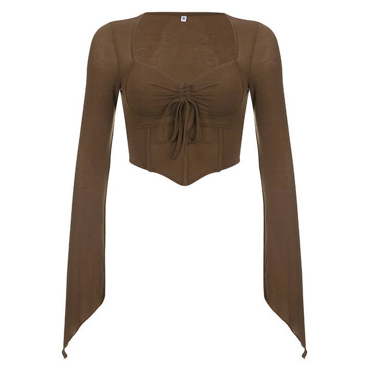 Brown Sexy Square Collar off Shoulder Sexy Pleating Irregular Asymmetric Flare Sleeve T shirt Women High Waist Crop Top Bottoming Short Top for wholesale on Faire4