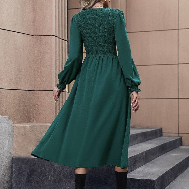 DEEP GREEN Solid Color Lantern Sleeve Waist Long Dress for wholesale on Faire3
