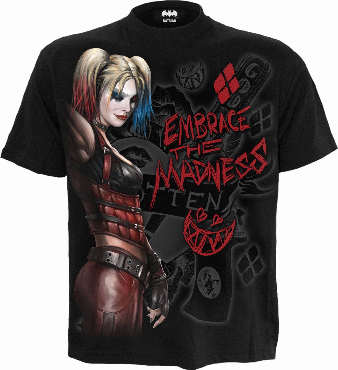 Spiral - Wholesale Screen Printed T-Shirt - Unisex - HARLEY QUINN - EMBRACE MADNESS - Front Print T-Shirt Black0
