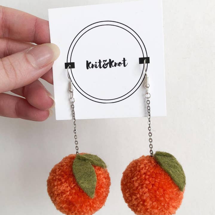 Knit&Knot Designs - Wholesale Dangle Earrings - Orange Pom Pom Earrings, Statement Drop Earrings, Summer Ear