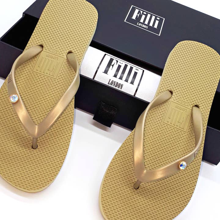 Aurora Luxury Crystal Flip Flops - Gold for wholesale by Filli London