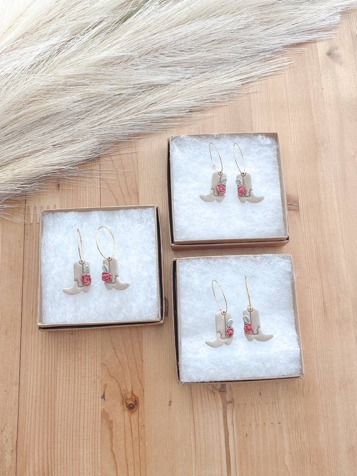Clay Earring | Taupe Western Cowgirl Boot Hoops for wholesale by Kush Life Designs