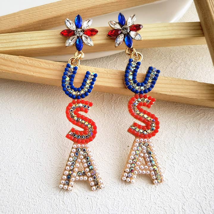 Wholesalesir - Wholesale Dangle Earrings - Alloy Set Rice Bead Earrings With Letters USA Earrings