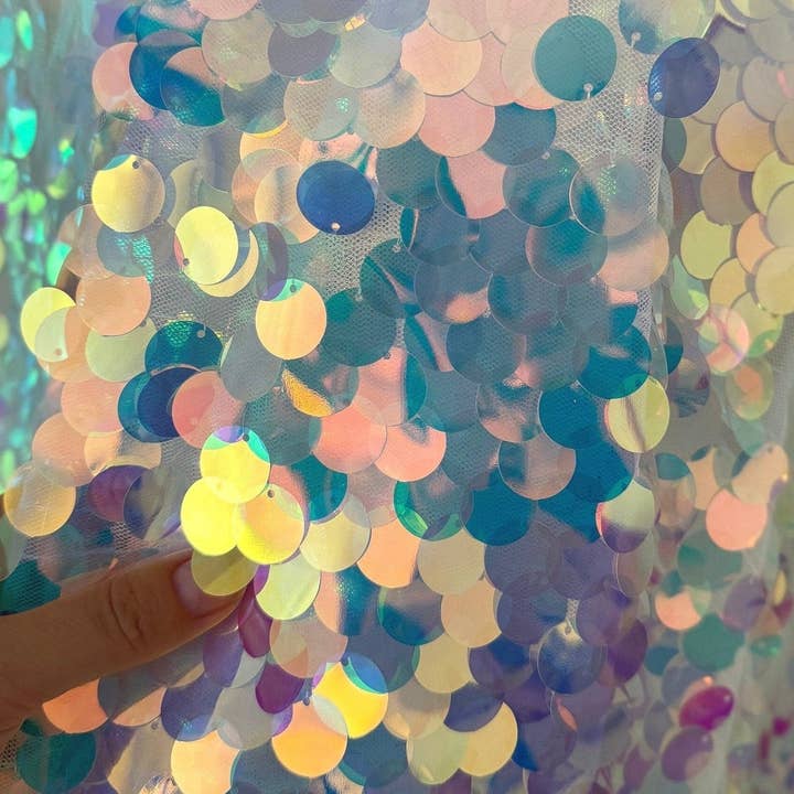 GalaTextile - Wholesale Fabric - Iridescent Coin Sequin on White Mesh Fabric by Yard Jumbo Paillette Sequins on Mesh Material for Event Decoration, Backdrops, Bridal Fabric3