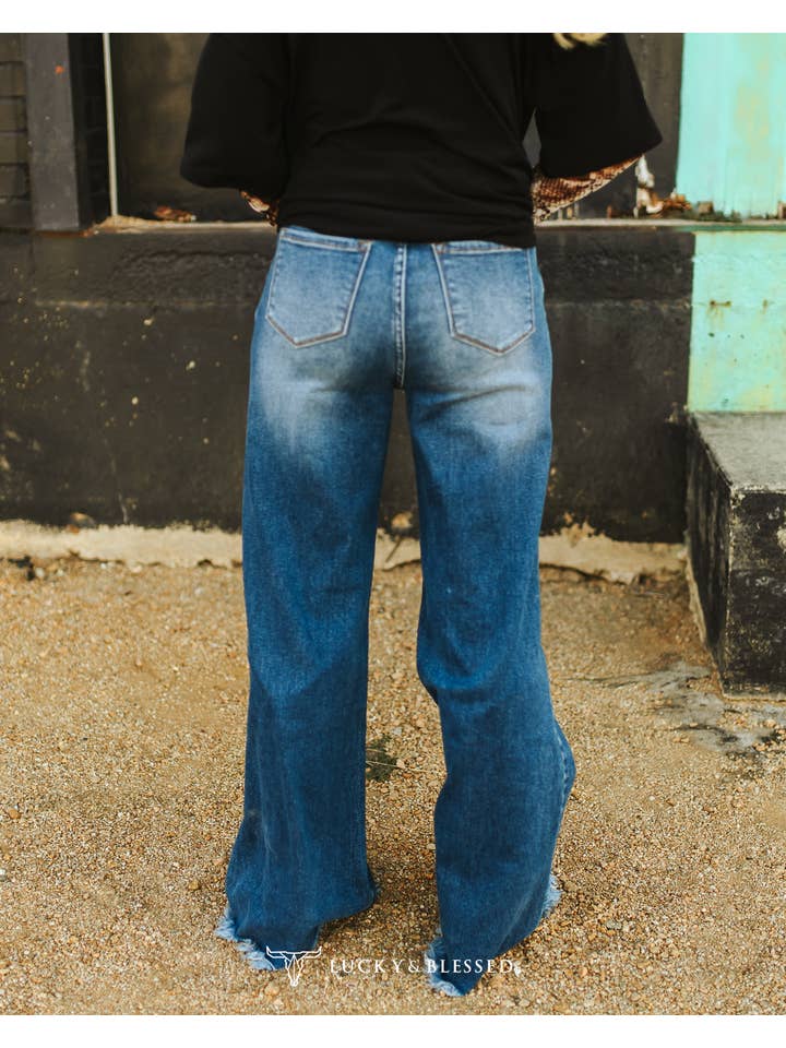 LUCKY & BLESSED - Wholesale Jeans - Women's - Plus Size Dark Wash High Rise Distressed Trouser Jeans