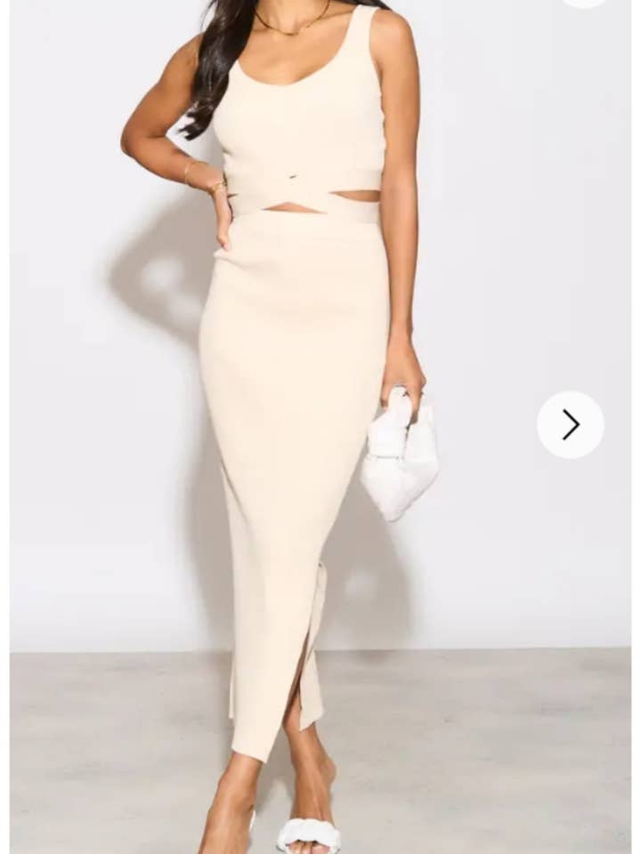 CY FASHION. LONDON - Vente Ensemble haut et jupe - Femme - Débardeur moulant en maille, haut à nouer et jupe midi1