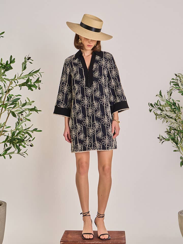 Floral Embroidered Collar Mini Dress for wholesale by English Factory