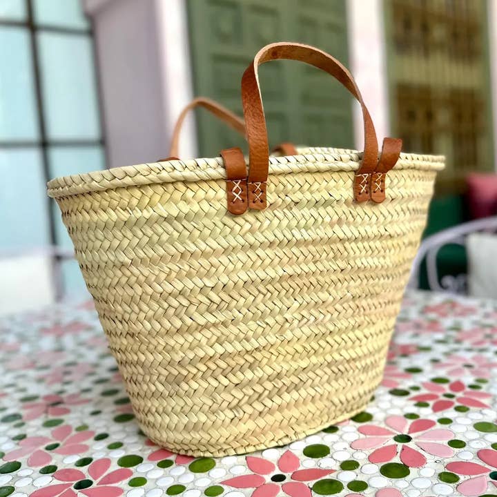Handwoven Straw Basket with Short & Long Leather Handles for wholesale by Melecraft
