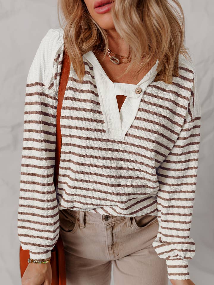 Stripe Textured Hooded V Neck Casual Long Sleeve Top for wholesale by FULL TIME PURCHASE