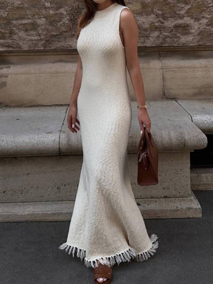 Ladies Sleeveless Tassels Hem Sweater Midi Dress SKD41067 for wholesale by Sweetkama