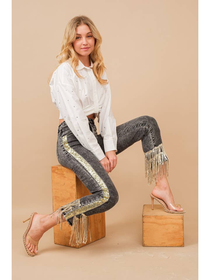 Blue B - Wholesale Jeans - Women's - 80058P - Garment Washed Side Sequin Tape Fringe Denim Jeans8
