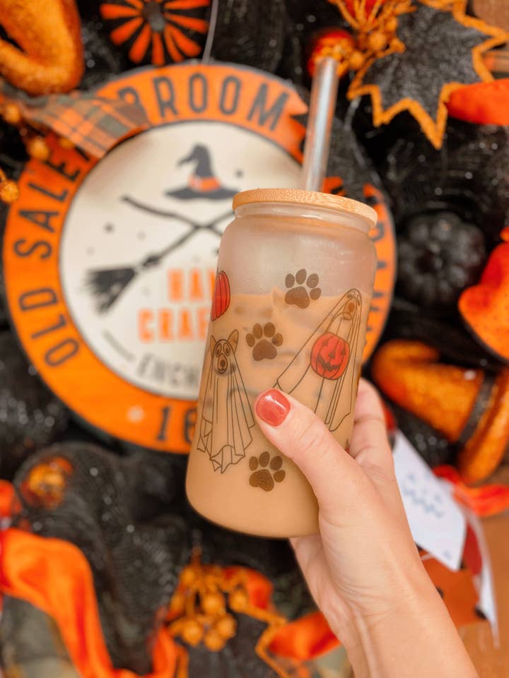 Halloween Ghost Dog Glass Can for wholesale by Spotted Dog Co.