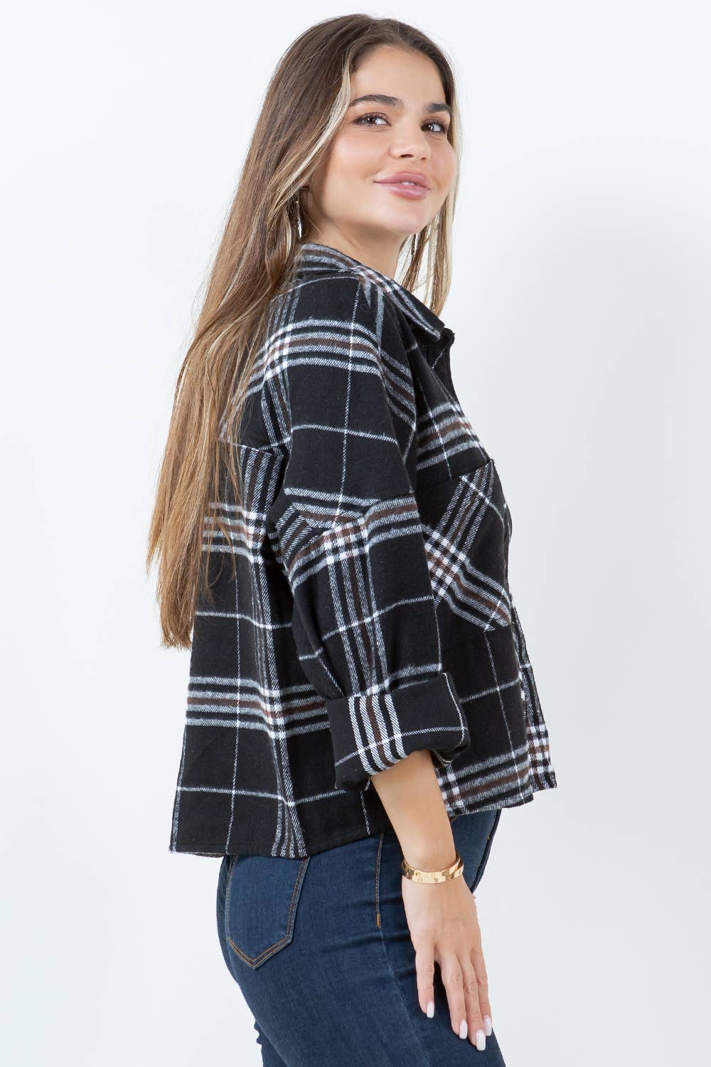 Veracci - Wholesale Button Down Shirt - Women's - Boxy Cropped Long Sleeve Plaid Over Shirt17