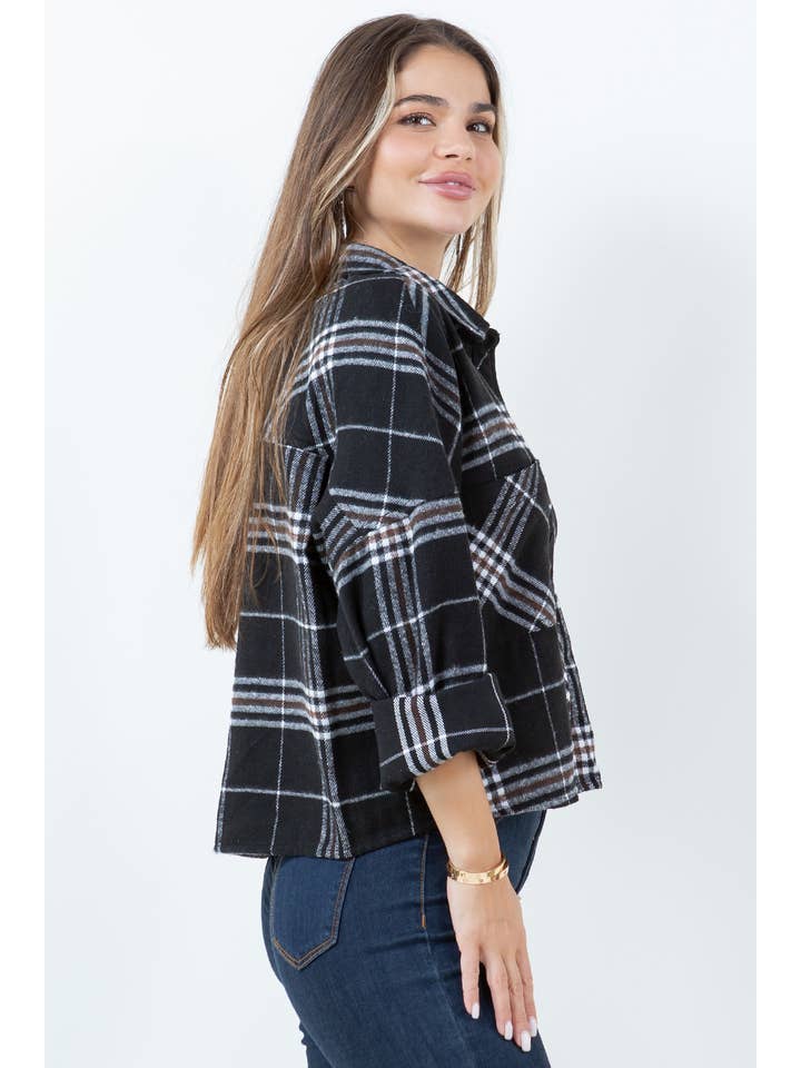 Veracci - Wholesale Button Down Shirt - Women's - Boxy Cropped Long Sleeve Plaid Over Shirt17