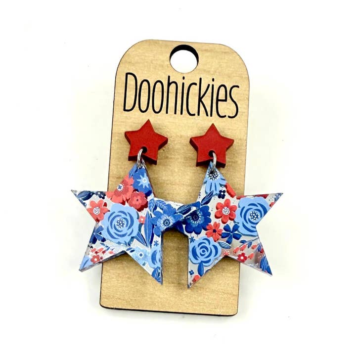 Doohickies - Wholesale Dangle Earrings - USA Floral Star Dangles - Patriotic Acrylic Earrings