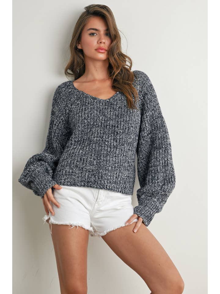 BUTTERMELON - Wholesale Knit Sweater - Women's - Tie-Back V-Neck Drop Shoulder Long Sleeve Top - BMW78106
