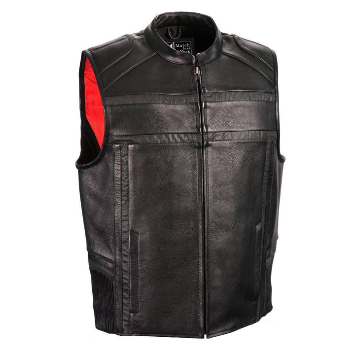 Men's Reflective Band Piping Zipper Front Vest Black Leather for wholesale by Matchless York