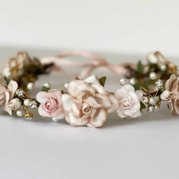 Handcrafted Rustic Beige Champagne and Blush Flower Crown for wholesale by The Pearled Rose