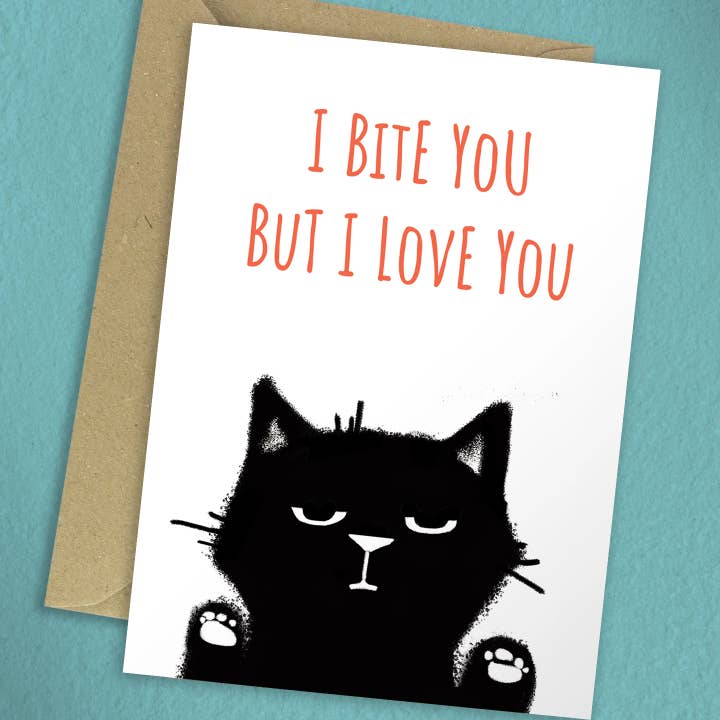 Carte Chat Heureux Campurr : Te Mordre pour la vente par Happy Campurr