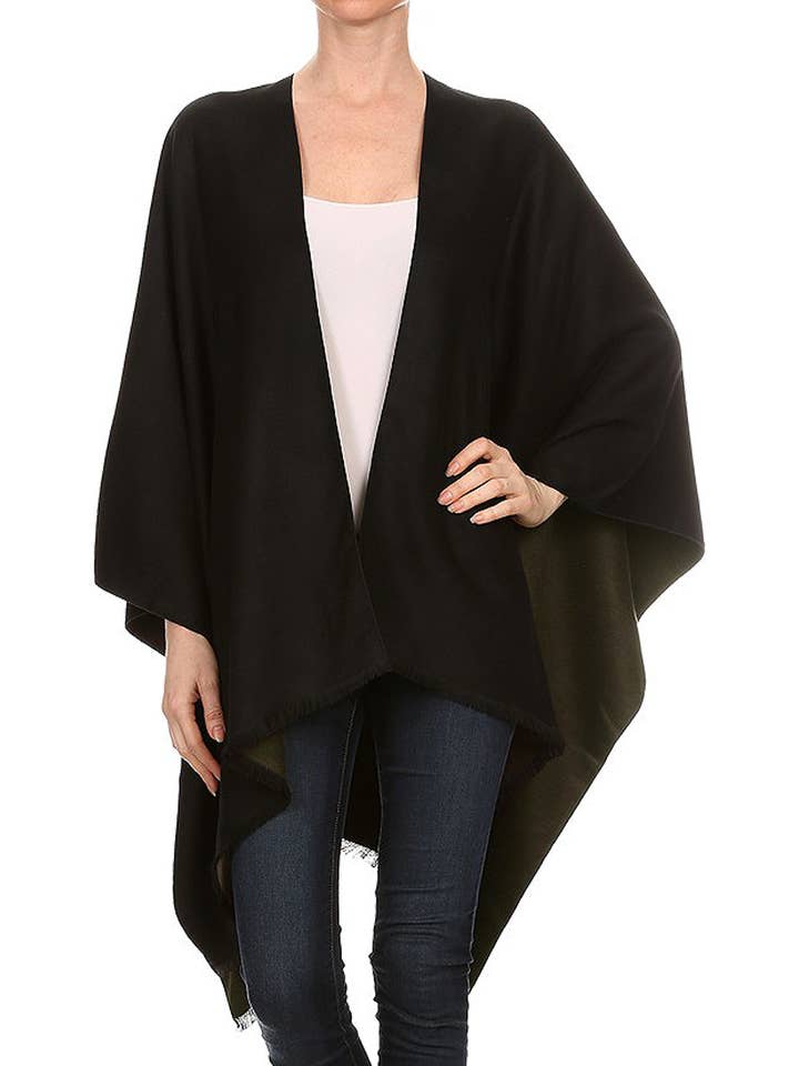 Cap Zone - Wholesale Poncho - Women's - Reversible Faux Cashmere Open Cape Poncho