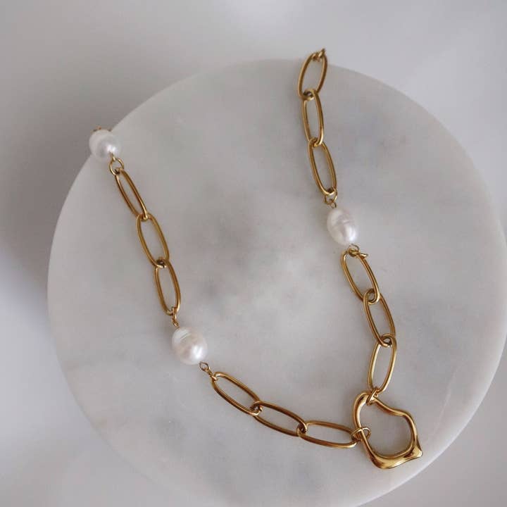 Ayla Pearl Paperclip Necklace | Pearl Accent Necklace for wholesale by JESSA Jewelry